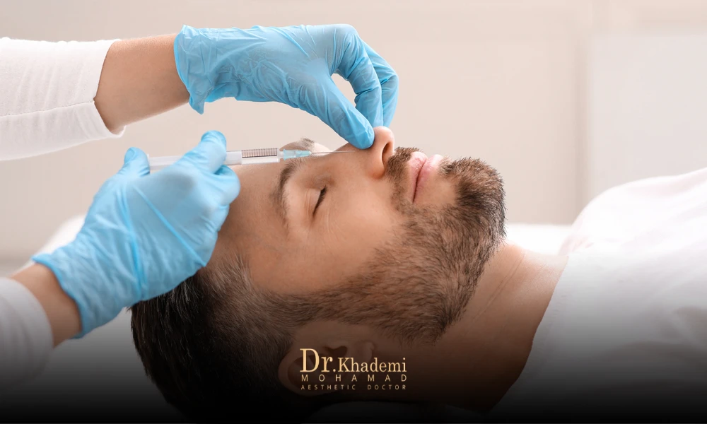 در این تصویر دستان دکتر که دستکش آبی رنگ پوشیده و بیمار آقا که خوابیده و دکتر با دستانش به بینی آن مرد اساره می کند - بهترین برند فیلر بینی